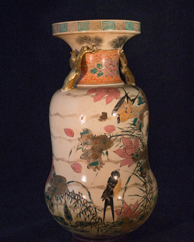 A fine Japanese Meiji period satsuma vase with scenic figural decorations of Spring triumphant over Winter. Features jobitaki (Daurian redstart), Sazanka (camelia) thistles and pine