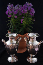 12 inch pair silver plate urns. 9 inch width with handles. www.greenans-cottage.com Virginia, USA