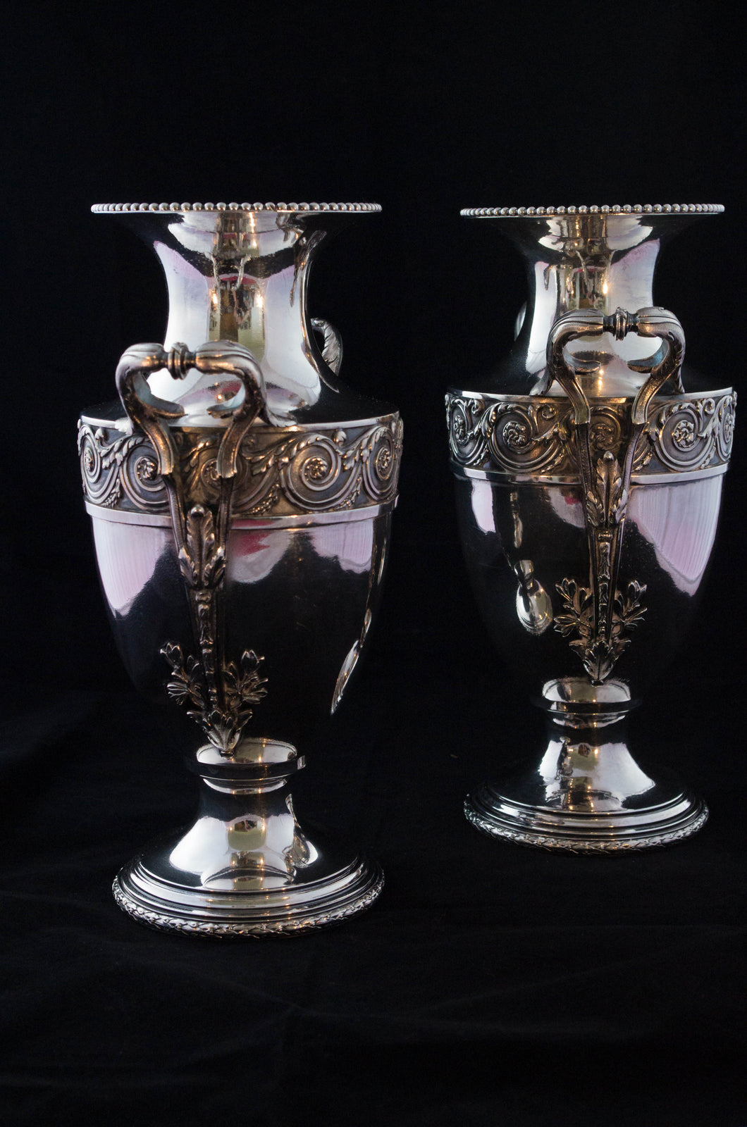 Pair silver plate urns. www.greenans-cottage.com Virginia, USA