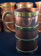 Circa 1890 set of six copper mugs with four bands of brass ear-form handle detail Greenans Cottage decorative arts and antiques Virginia USA