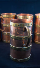 Circa 1890 set of six copper mugs with four bands of brass mug detail Greenans Cottage decorative arts and antiques Virginia USA